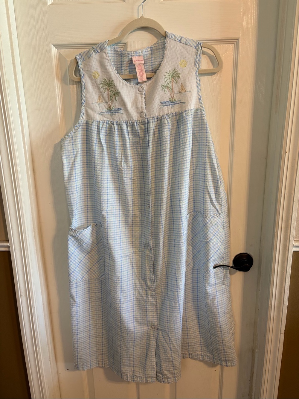 Secret Treasures L Seersucker Snap Duster Nightgown Palm Tree Coastal Grandma